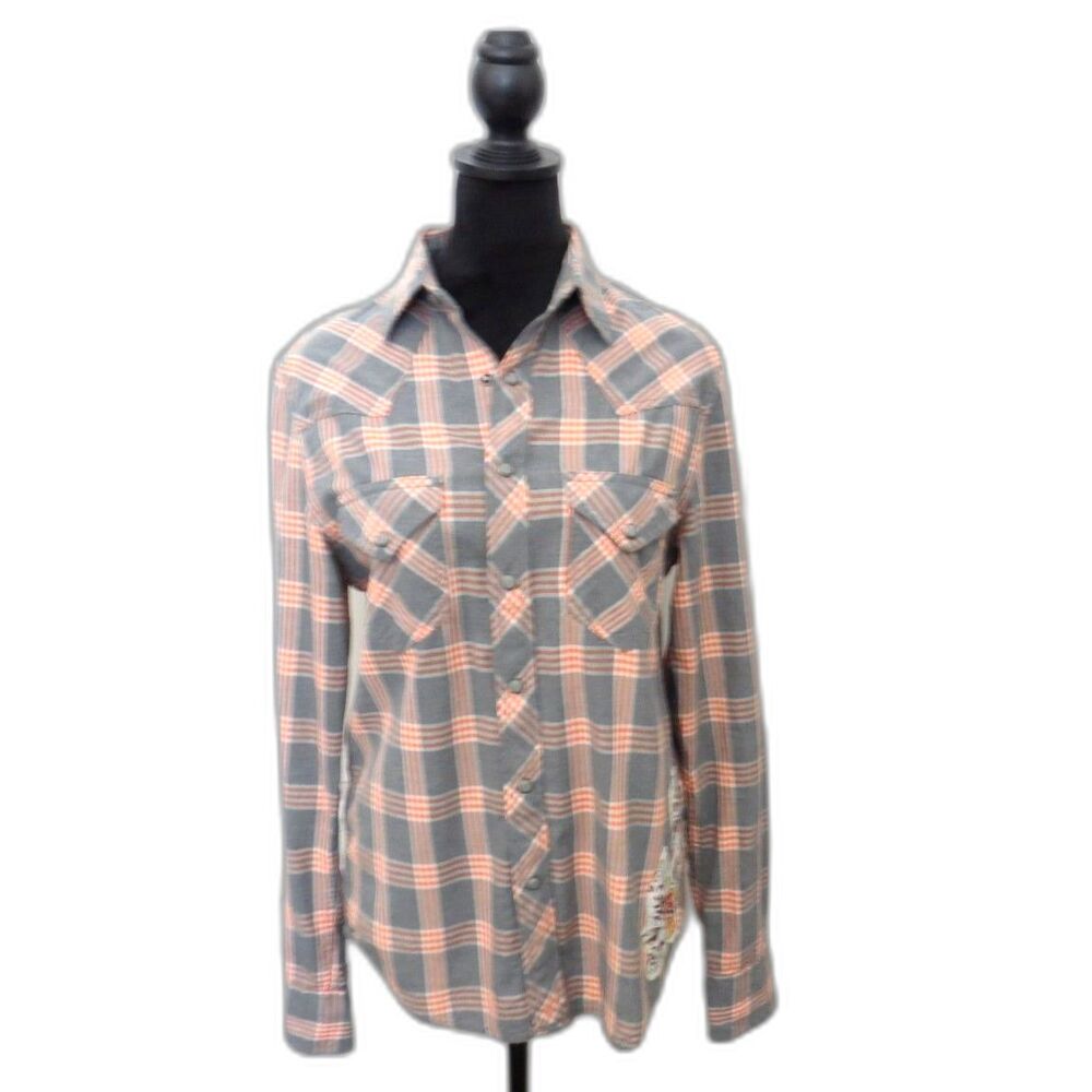 billy T Women's Mixed Media Split-back Plaid Western Shirt Gray/Peach L EUC - Picture 5 of 13